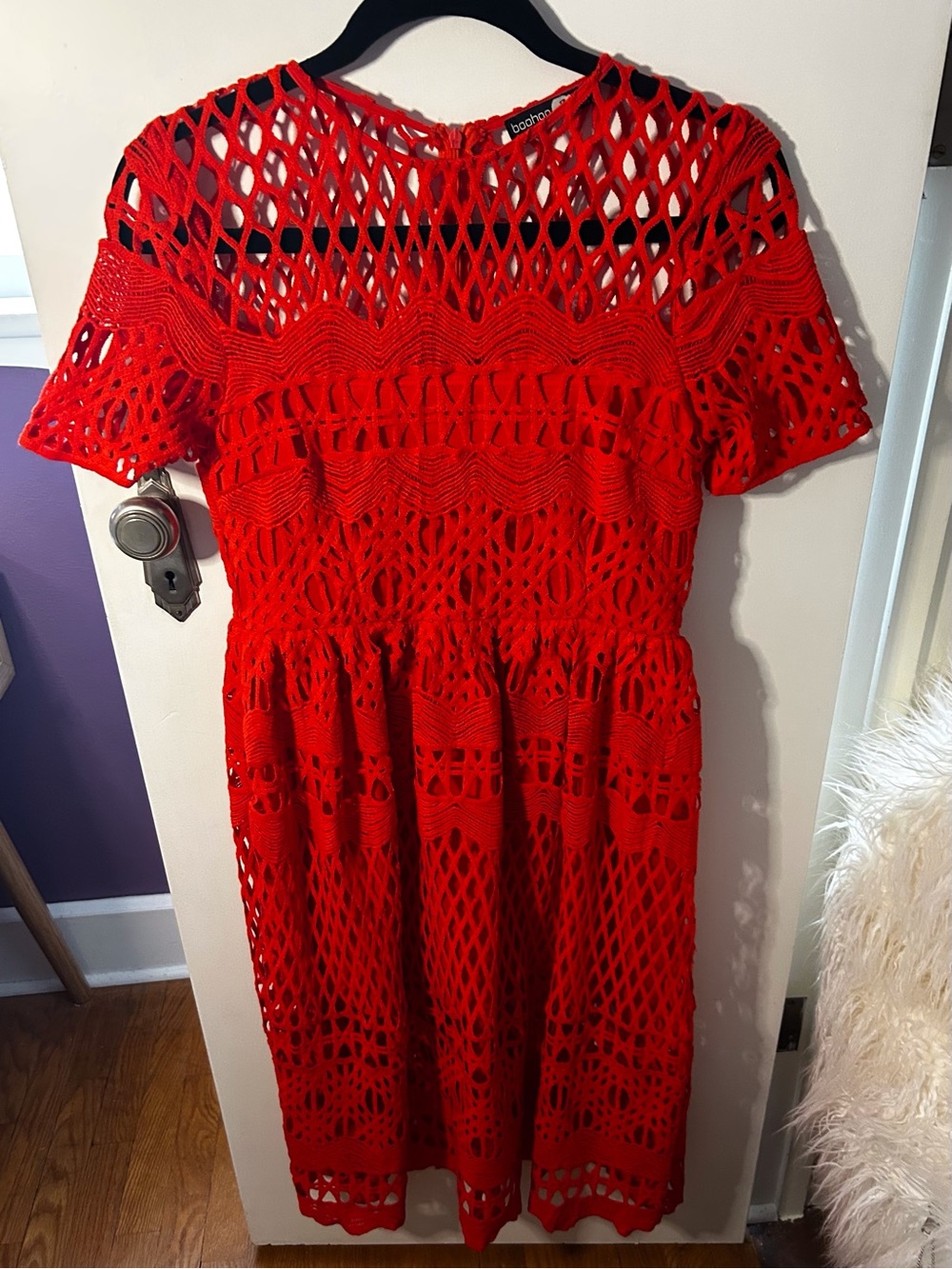 Boohoo Red Crochet Midi Dress with Short Sleeves